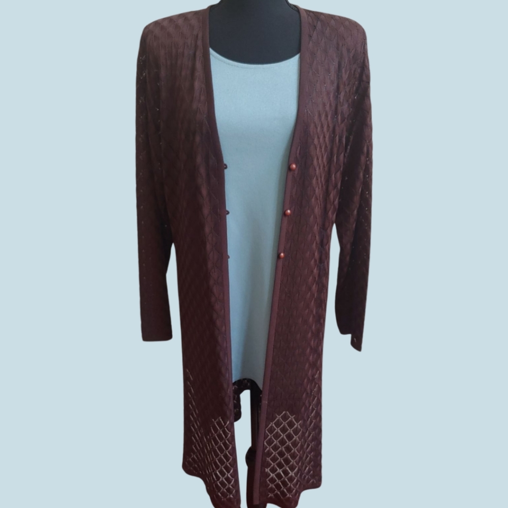 Misook Long Quilted Open-Front Cardigan in Deep Brown